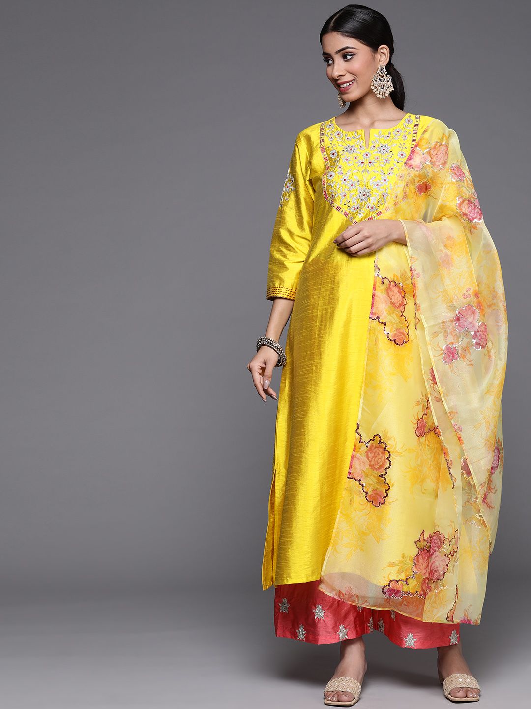 Dhiyona VA Women's Mustard Yellow Floral Embroidered Kurta with Trousers & Dupatta