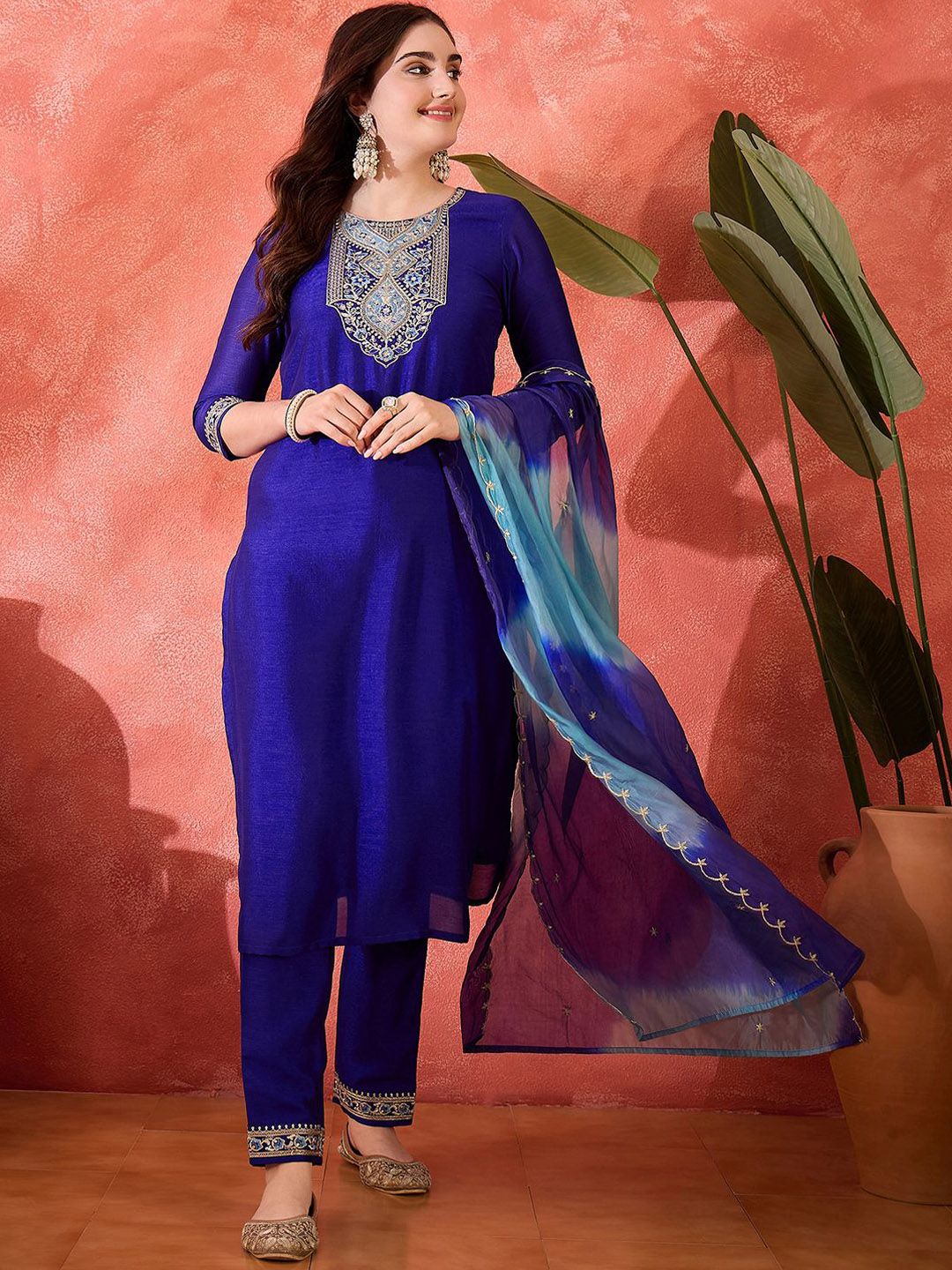 Dhiyona SN Women's Vichitra Zari Sequence Embroidered Straight Kurta & Trousers With Dupatta