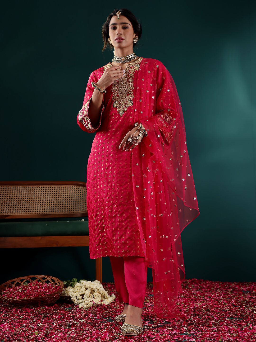Dhiyona VA Women's Embroidered Regular Kurta with Trousers & With Dupatta