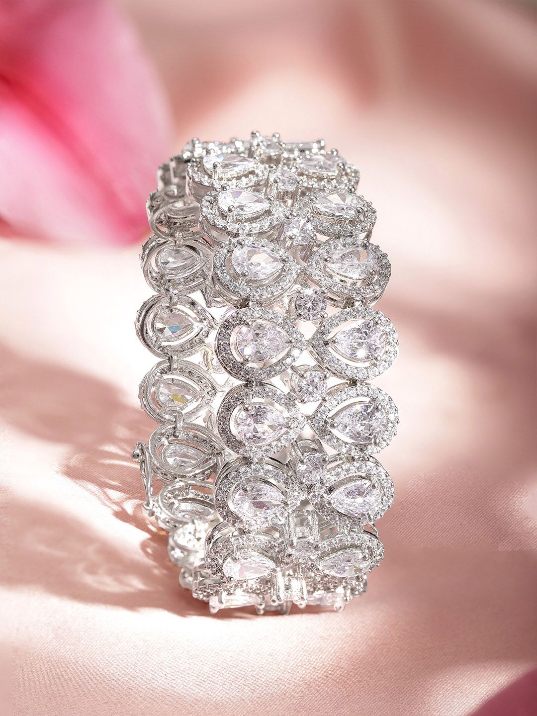 Dhiyona RJ Women's Rhodium-Plated Crystal AD & AAA Cubic Zirconia Studded Statement Bracelet