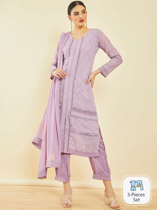 Dhiyona SO Women's Floral Embroidered Regular Thread Work Kurta with Trousers & With Dupatta