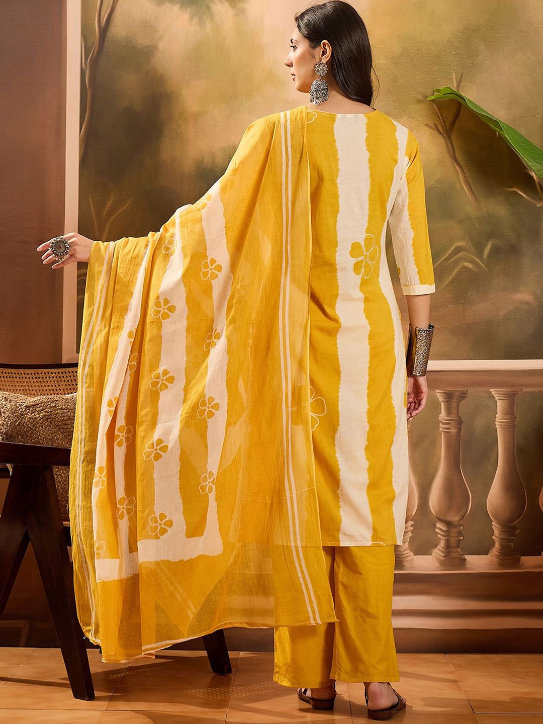 Dhiyona SN Women's Striped Pure Cotton Straight Kurta & Trousers With Printed Dupatta