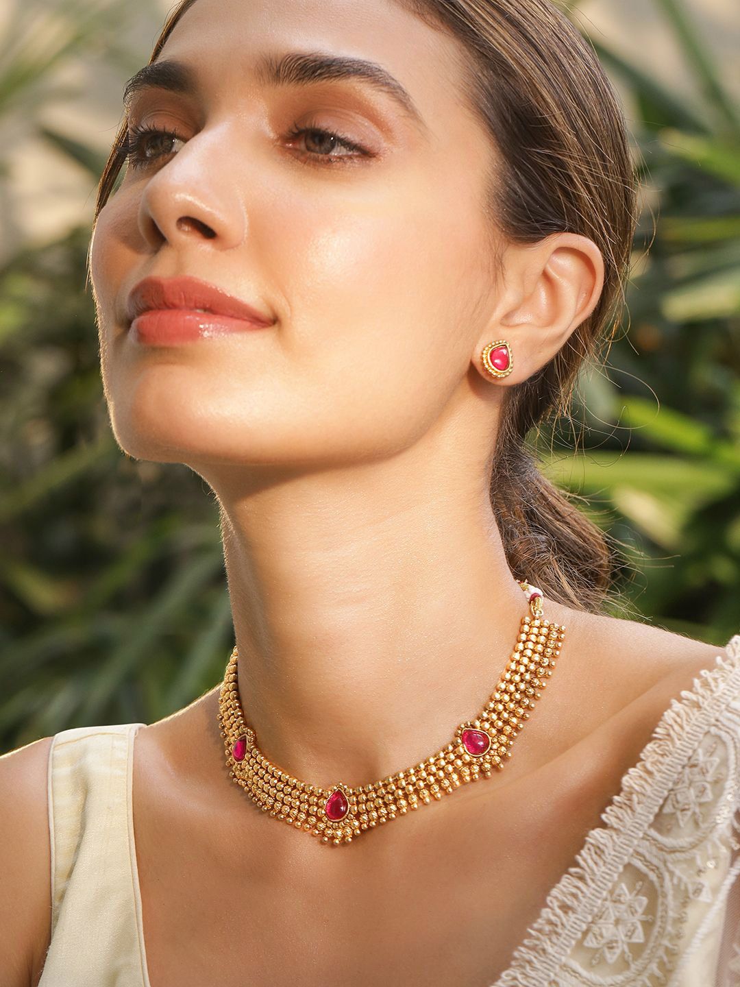 Dhiyona RJ Women's 22KT Gold Plated Ruby Stone Studded Gold Tone Traditional Temple Jewellery Set