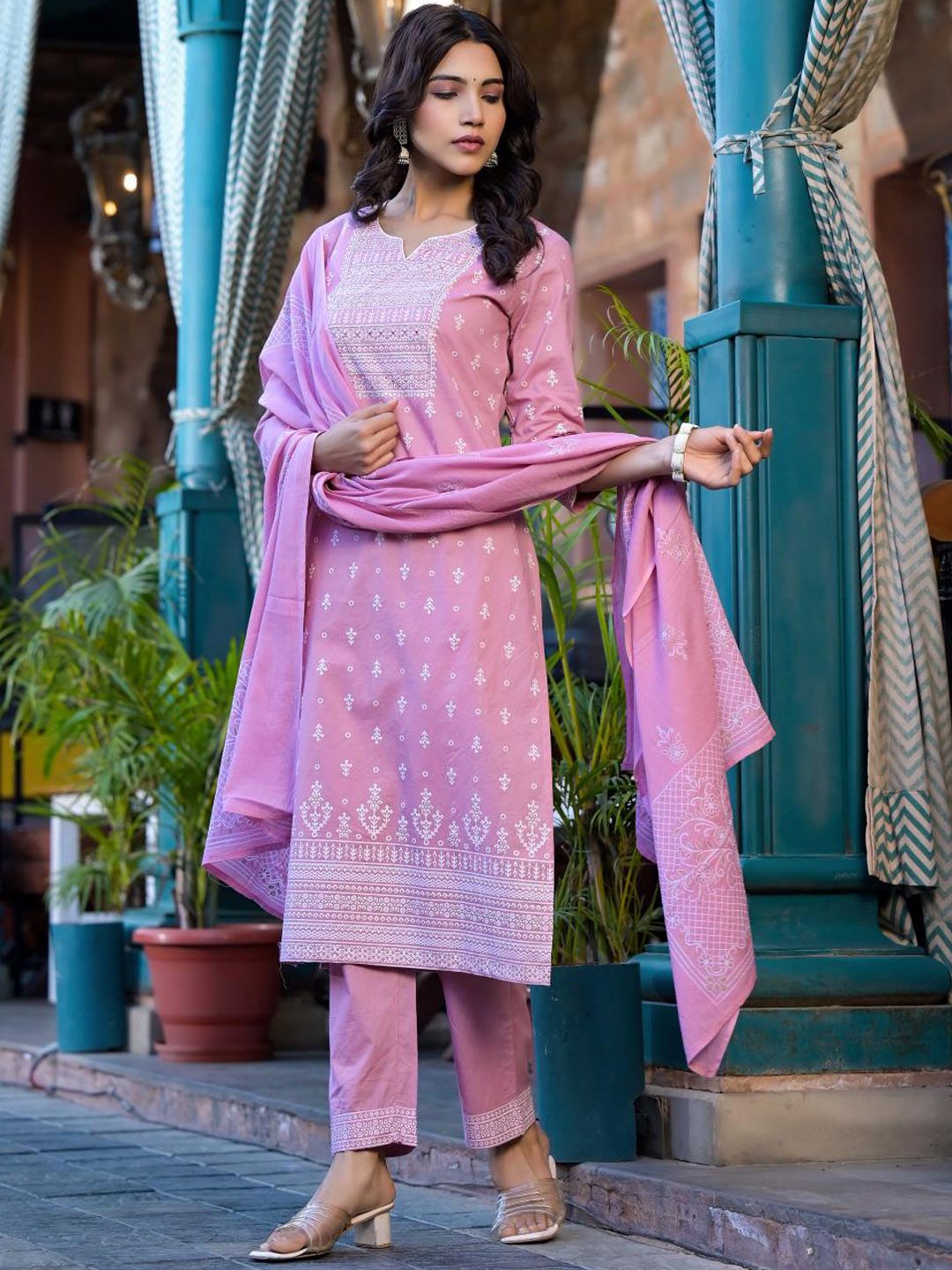 Dhiyona VA Women'sEthnic Motifs Printed Mirror Work Pure Cotton Kurta With Trouser & Dupatta