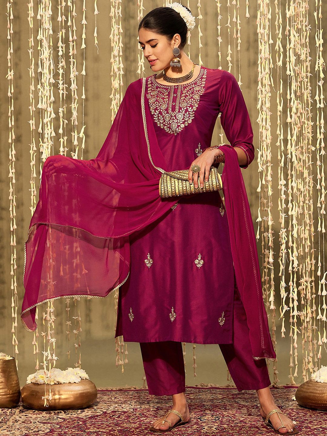 Dhiyona IE Magenta Ethnic Motifs Embroidered Straight Kurta & Trouser With Dupatta
