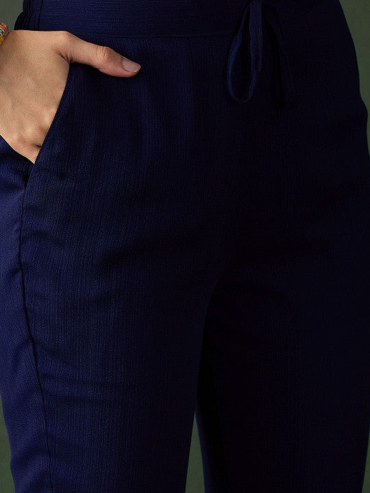 Women's Navy Blue Ethnic Motifs Embroidered A-Line Kurta With Trouser & Dupatta