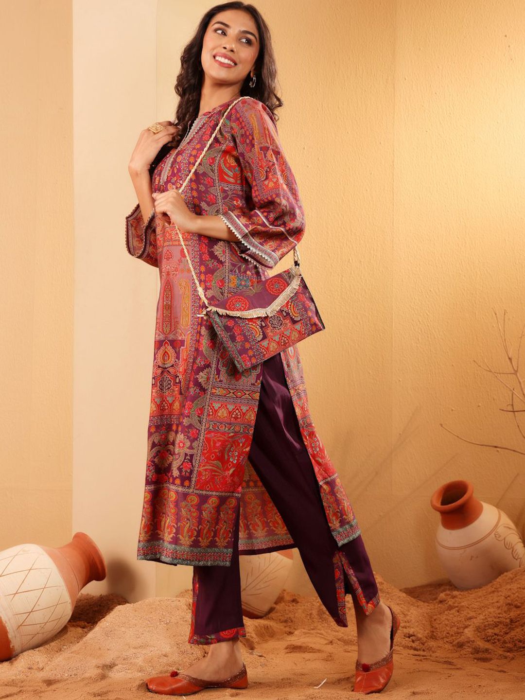 Dhiyona VA Women'sEthnic Motifs Printed Mandarin Collar Gotta Patti Chanderi Silk Kurta & Trousers