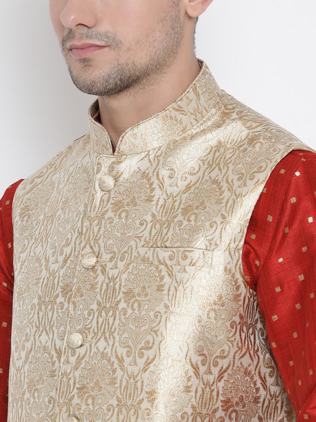 Men's Maroon Silk Blend Straight Jacket Kurta and Pyjama Set
