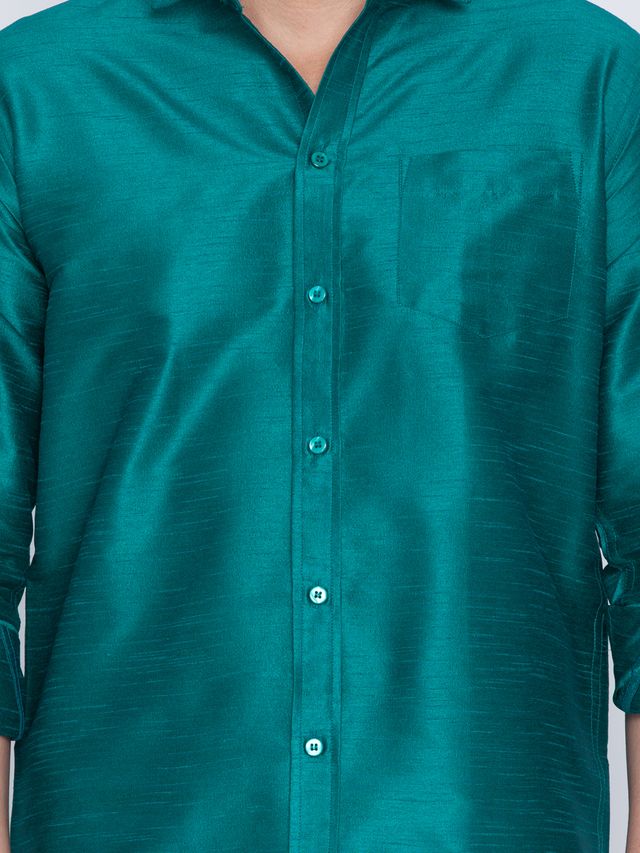 Men's Green Silk Blend Straight Shirt And Mundu
