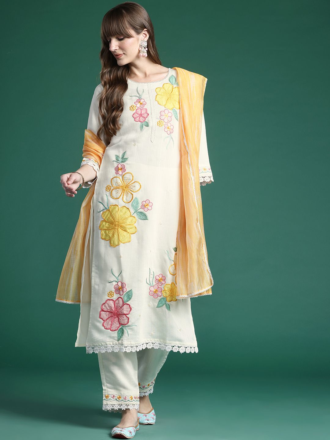 Floral Embroidered Thread Work Kurta with Trousers & With Dupatta