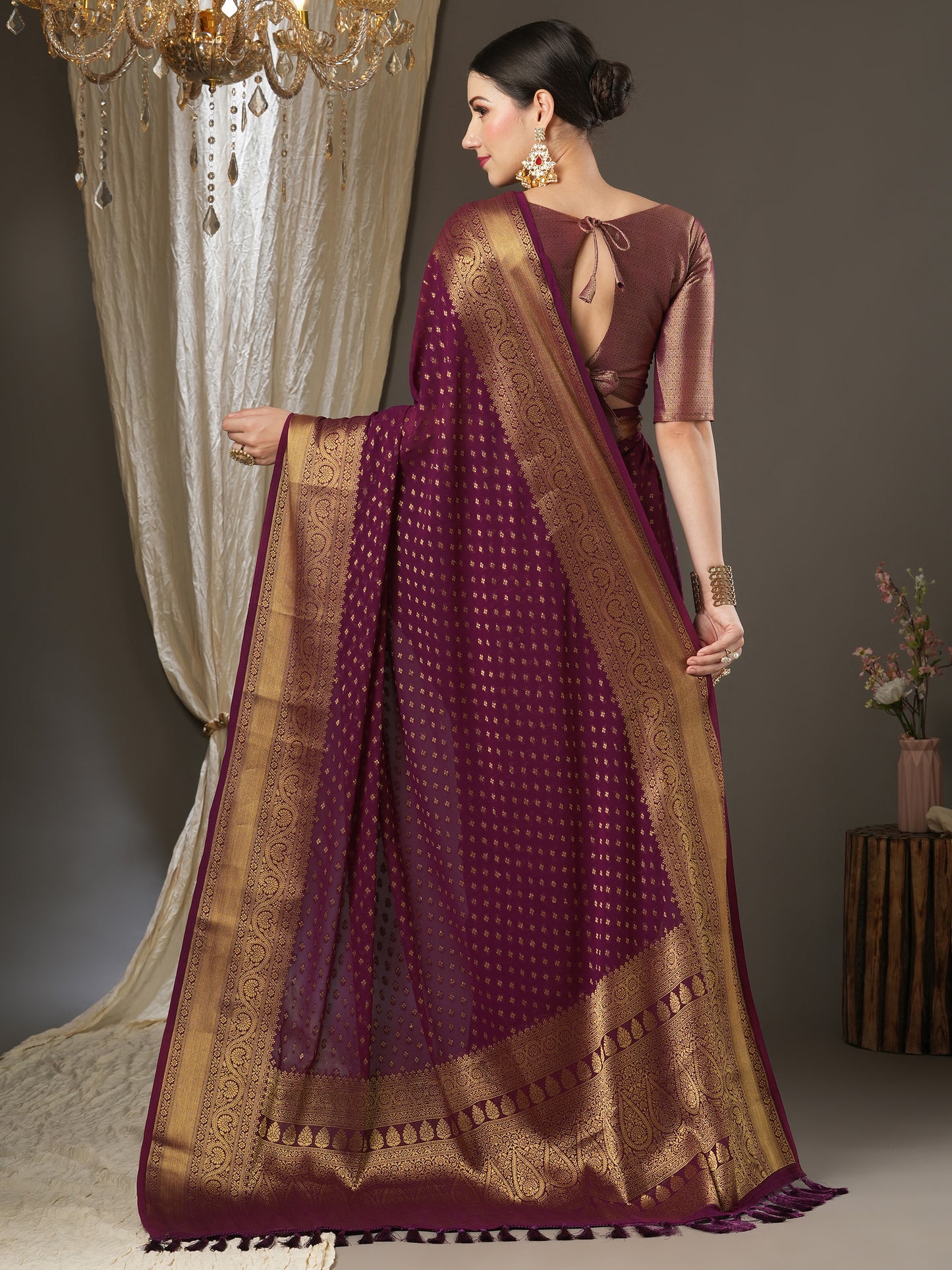 Women's Georgette Burgundy Woven Design Designer Saree With Blouse Piece