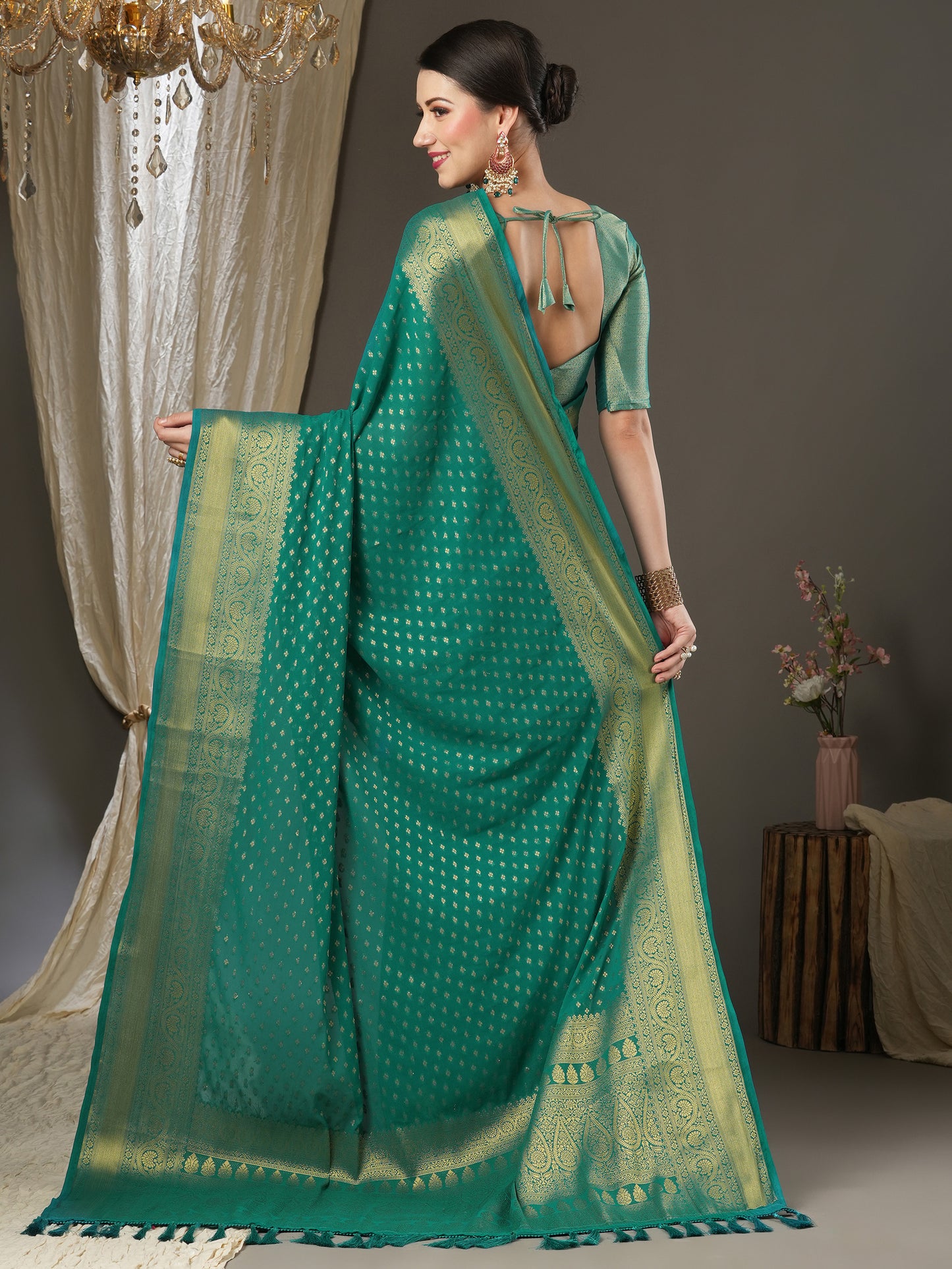 Women's Georgette Teal blue Woven Design Designer Saree With Blouse Piece