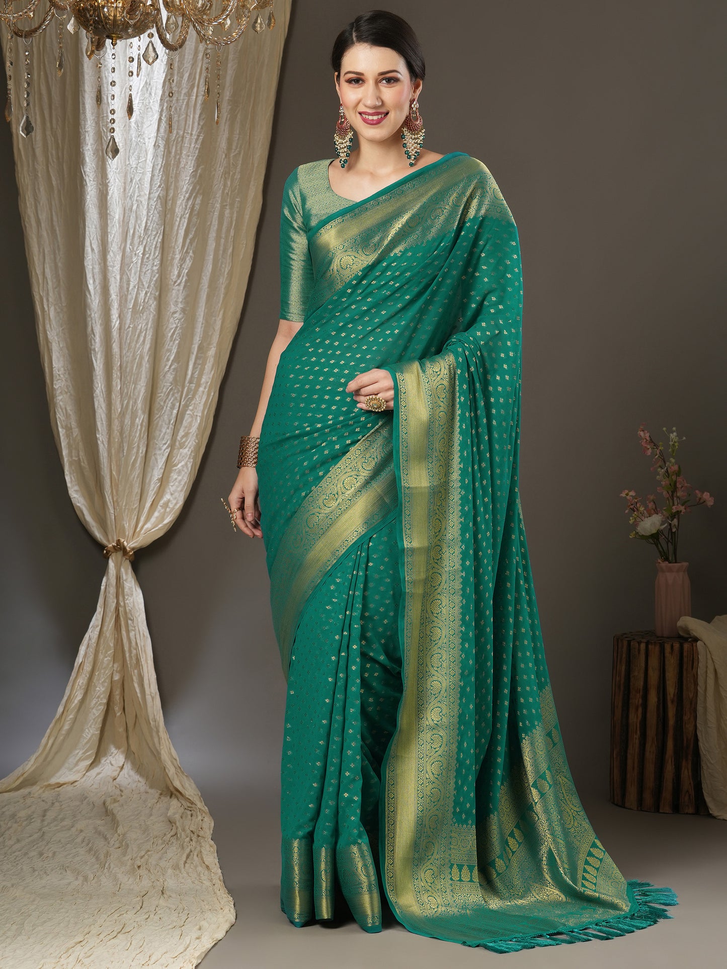 Women's Georgette Teal blue Woven Design Designer Saree With Blouse Piece