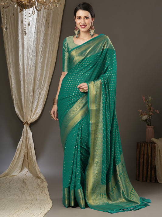 Women's Georgette Teal blue Woven Design Designer Saree With Blouse Piece