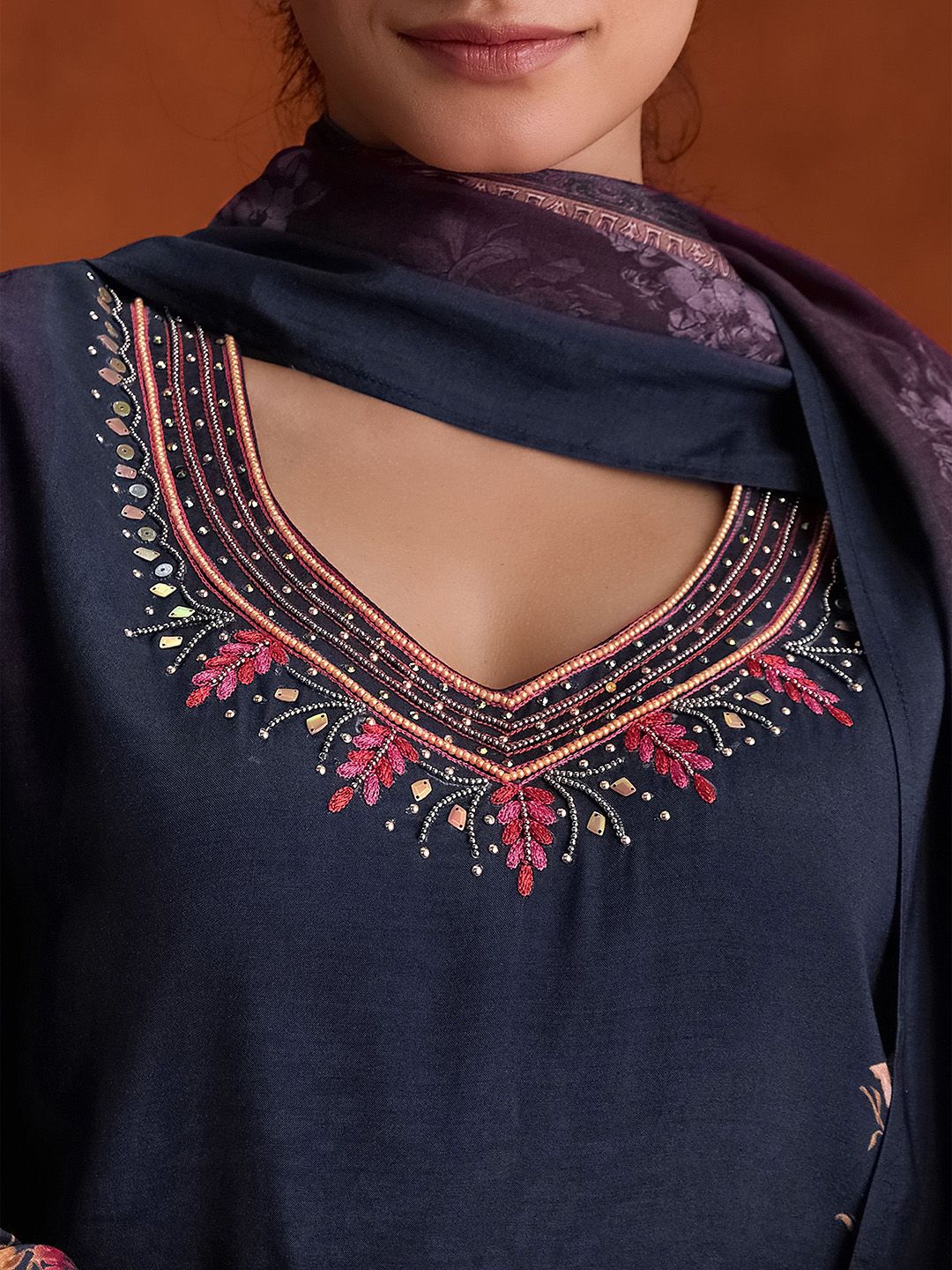 Dhiyona WP Floral Embroidered Beads and Stones Straight Kurta with Trousers & Dupatta