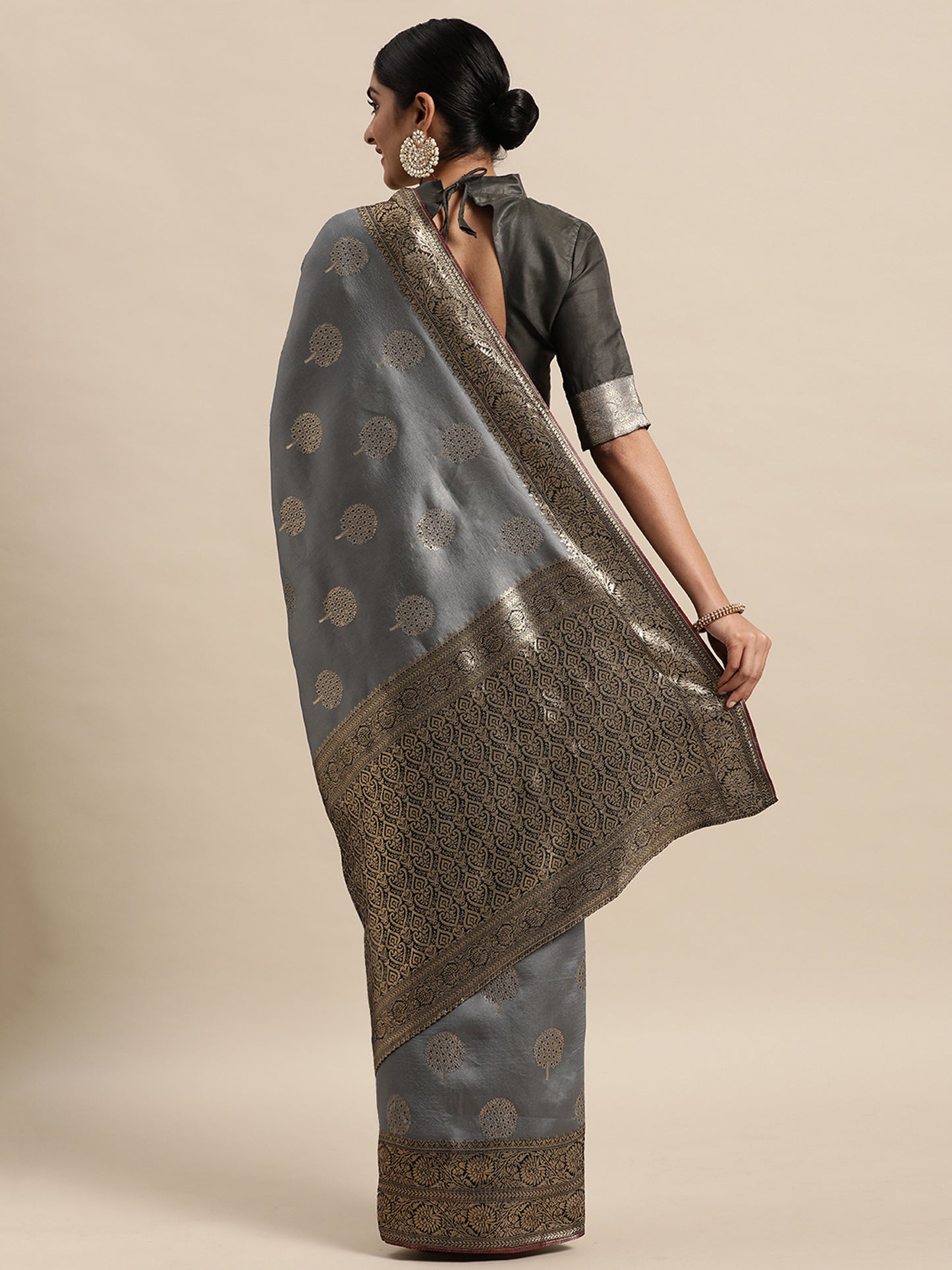 Women's Silk Blend Grey Woven Design Designer Saree With Blouse Piece