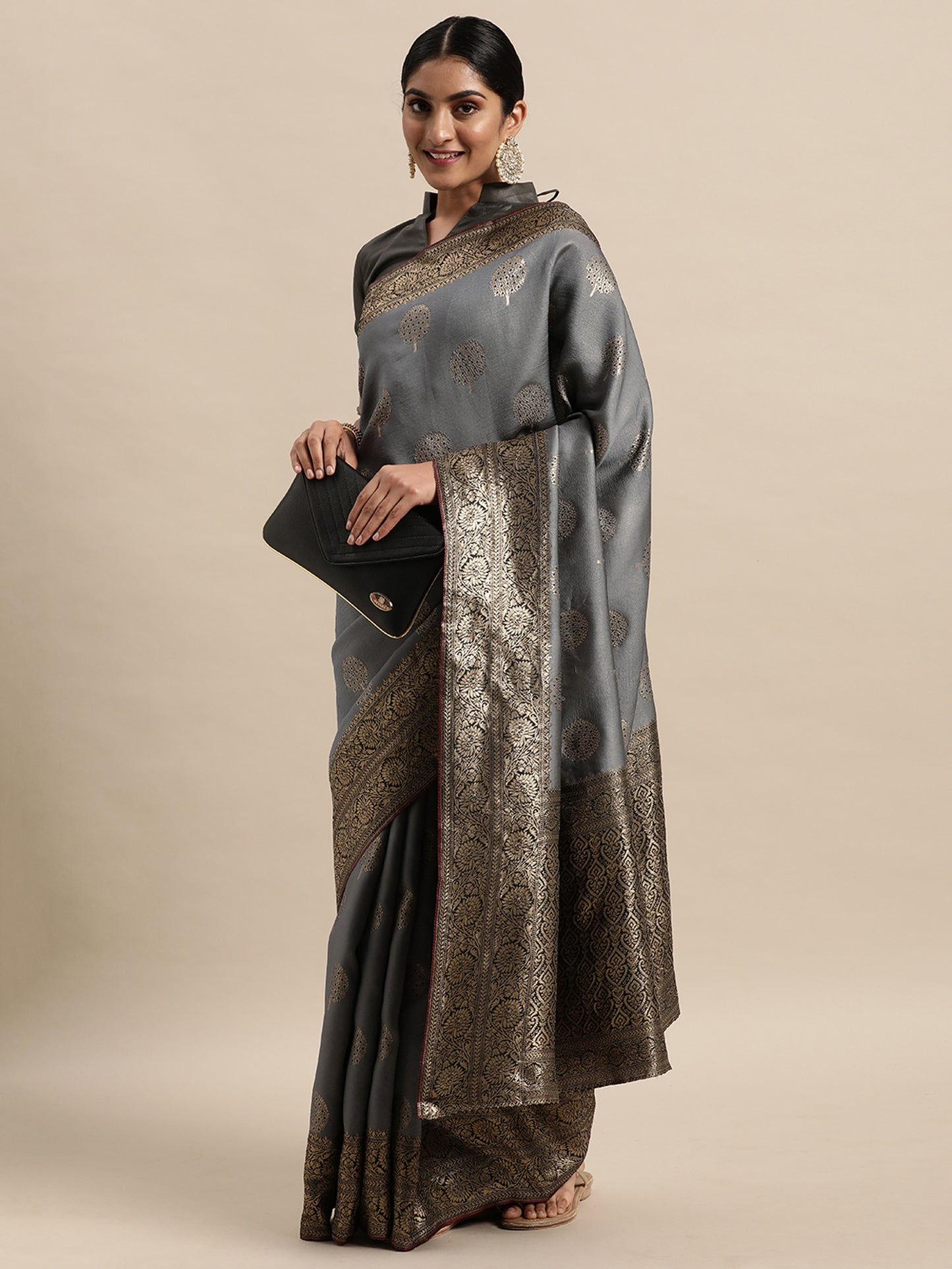 Women's Silk Blend Grey Woven Design Designer Saree With Blouse Piece