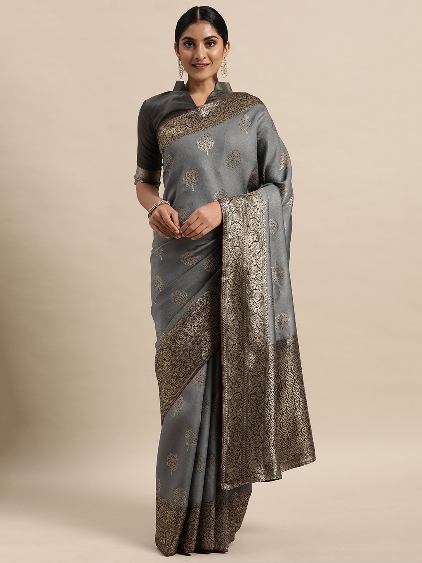 Women's Silk Blend Grey Woven Design Designer Saree With Blouse Piece
