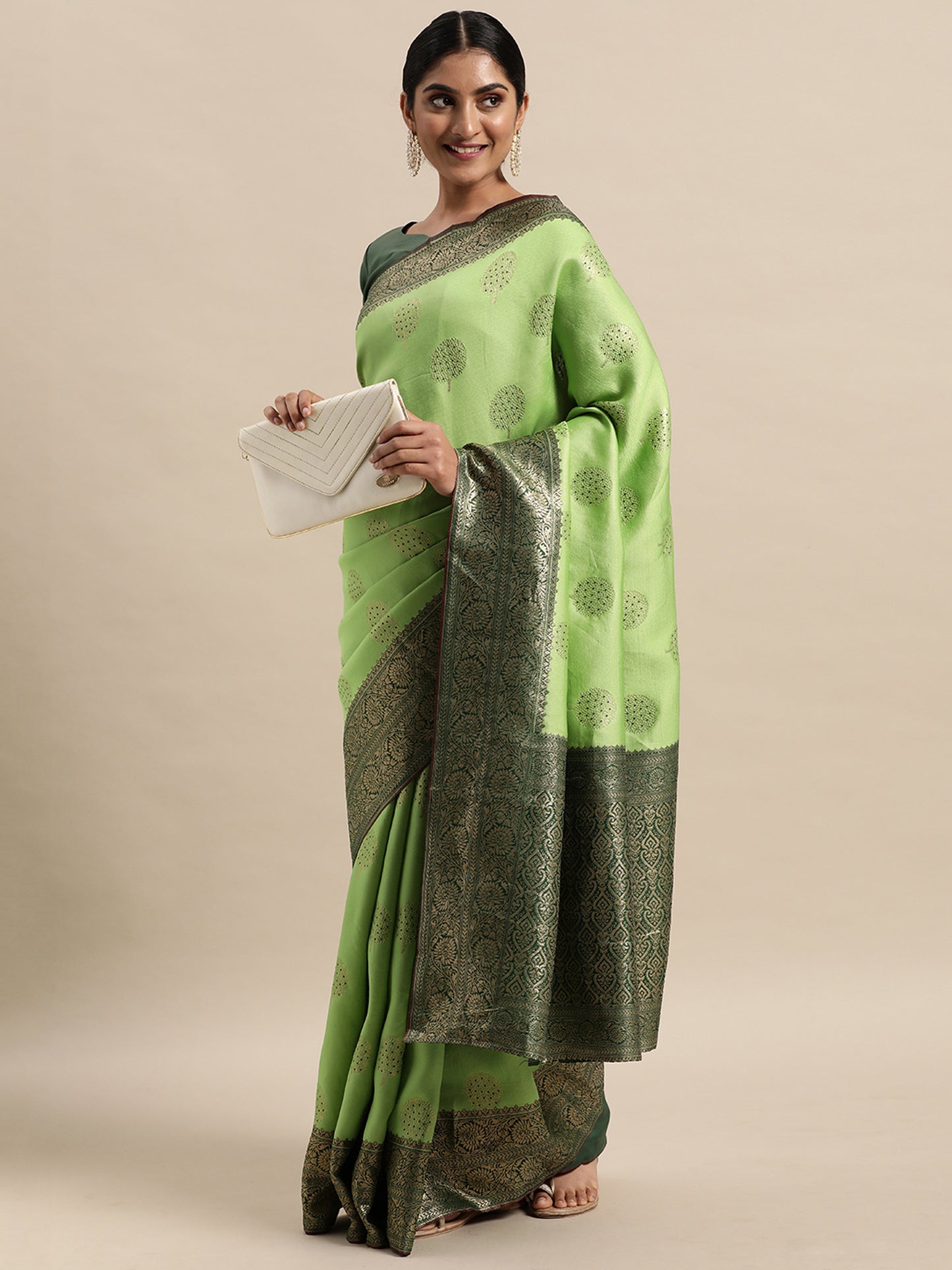 Women's Silk Blend Green Woven Design Designer Saree With Blouse Piece