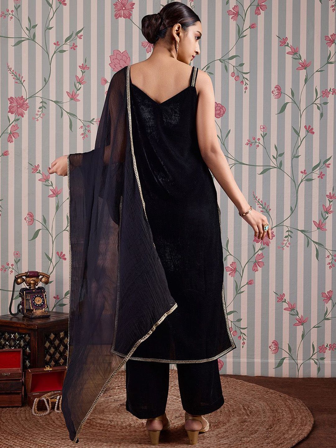 Dhiyona OD V Neck Gotta Patti Velvet Straight Kurta with Trousers & Dupatta