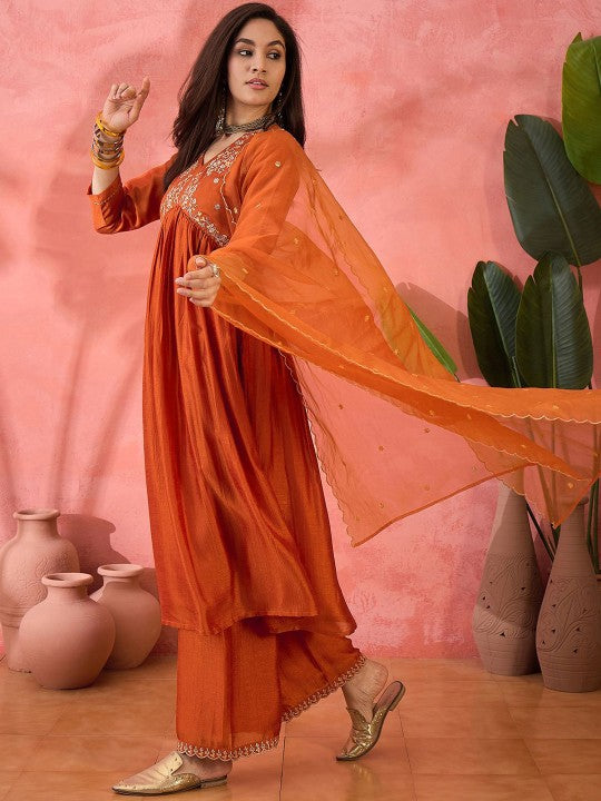 Women's Orange Floral Embroidered V-Neck A-Line Kurta With Trousers And Dupatta