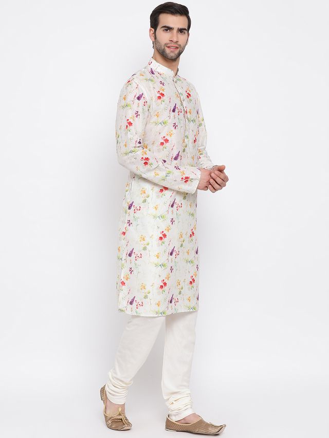 Men's Cream Cotton Blend Straight Kurta Pyjama Set