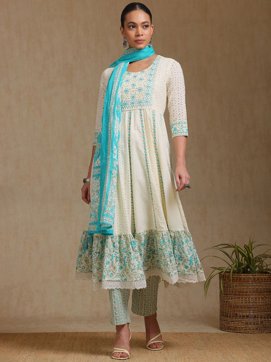 Dhiyona SO Women's Floral Self Design Panelled Thread Work A-Line Kurta With Trousers & Dupatta