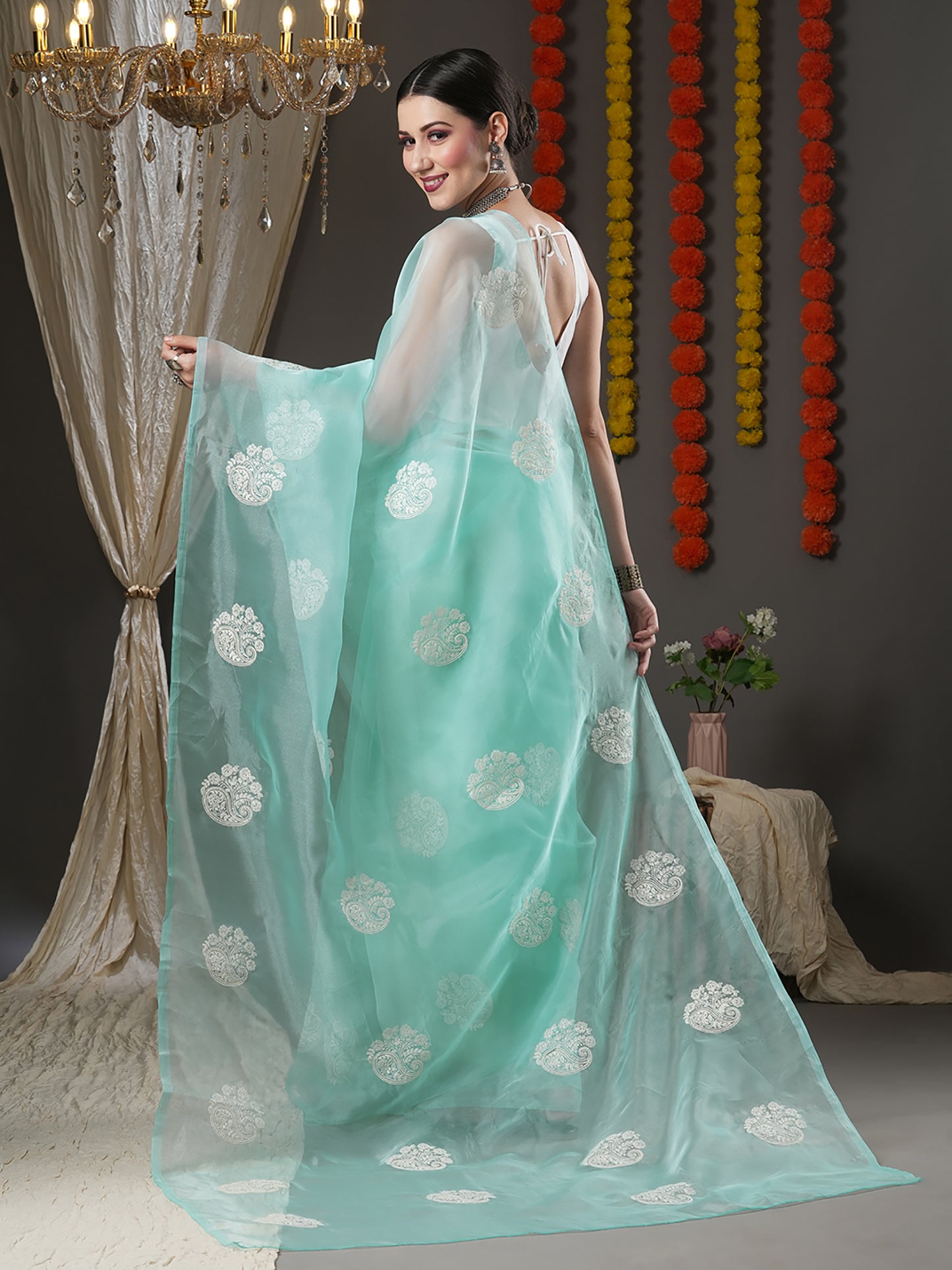 Women's Organza Turquoise Embroidered Designer Saree With Blouse Piece
