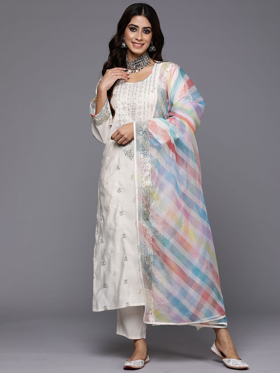 Cream-Coloured Embroidered Sequined Cotton Zari Kurta With Trousers & Dupatta