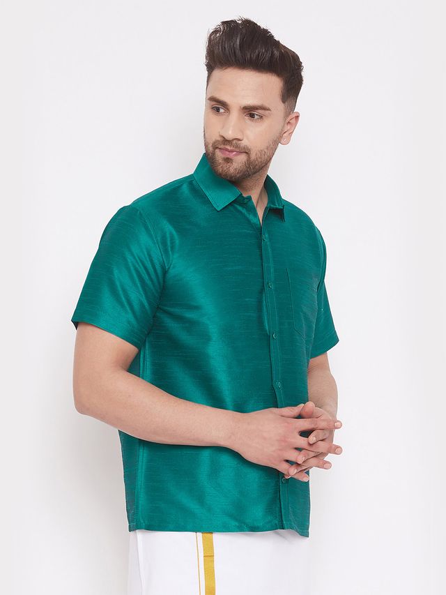 Men's Green Silk Blend Straight Shirt And Mundu