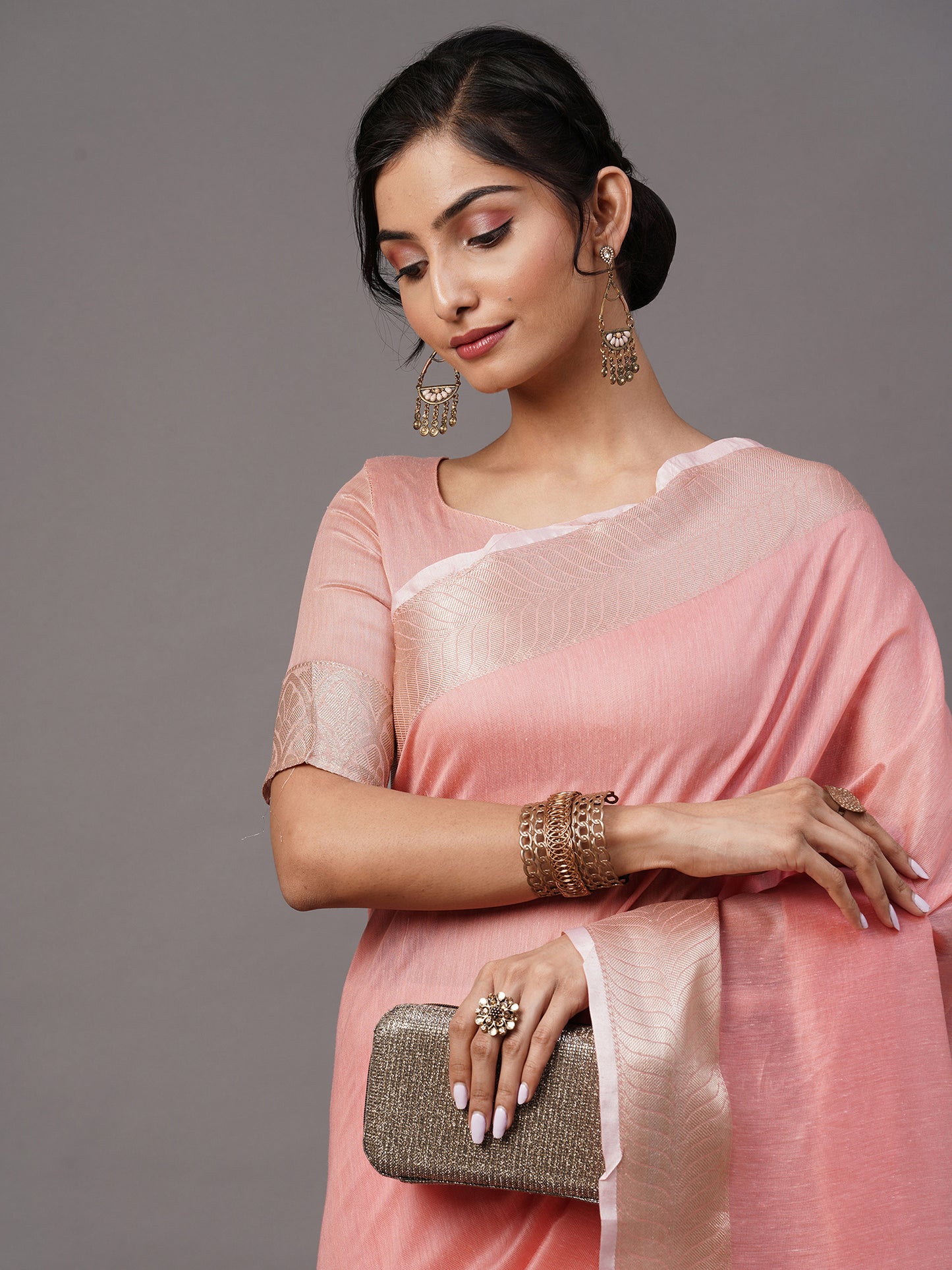 Women's Linen Blend Pink Woven Design Celebrity Saree With Blouse Piece