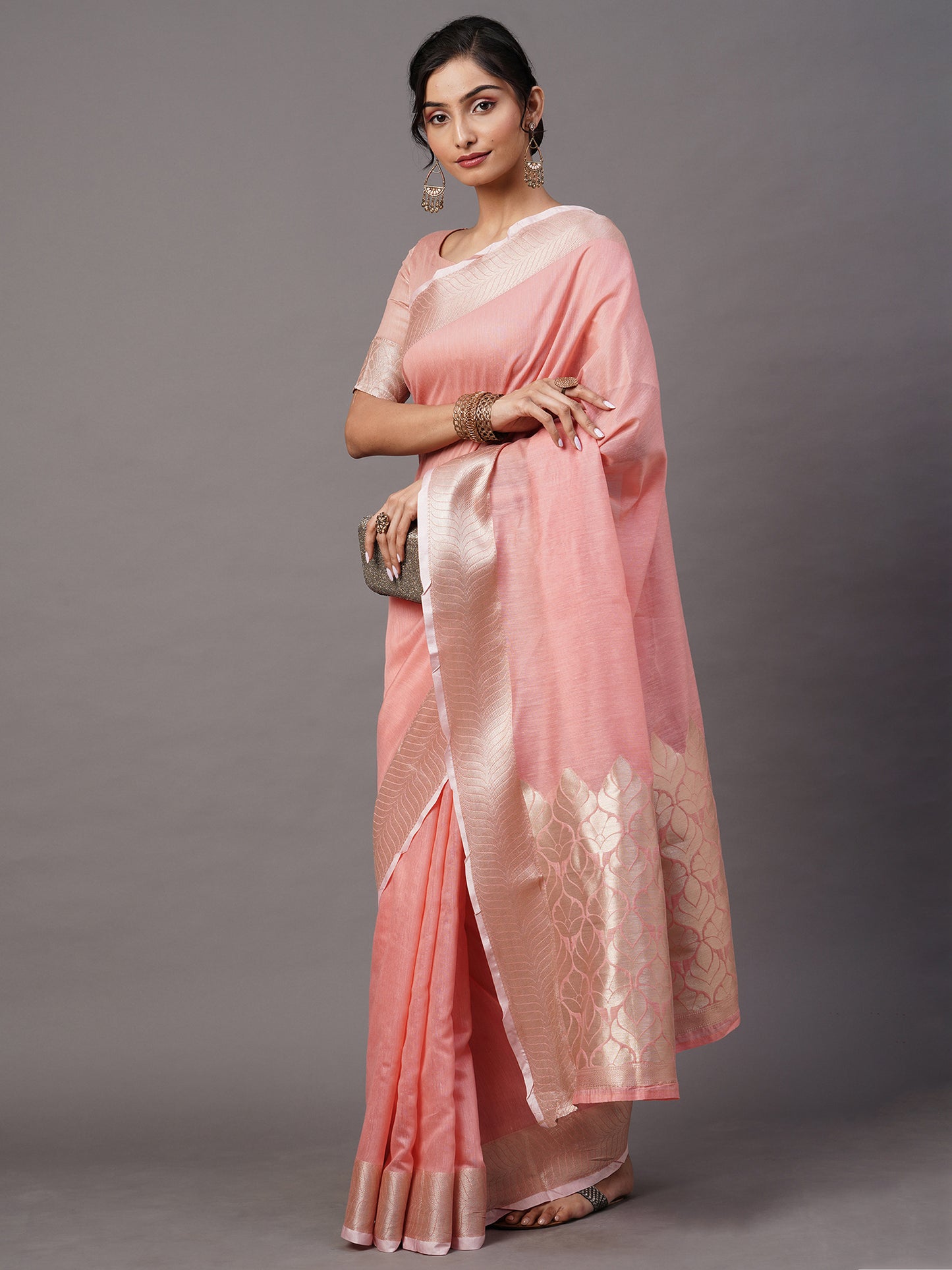 Women's Linen Blend Pink Woven Design Celebrity Saree With Blouse Piece