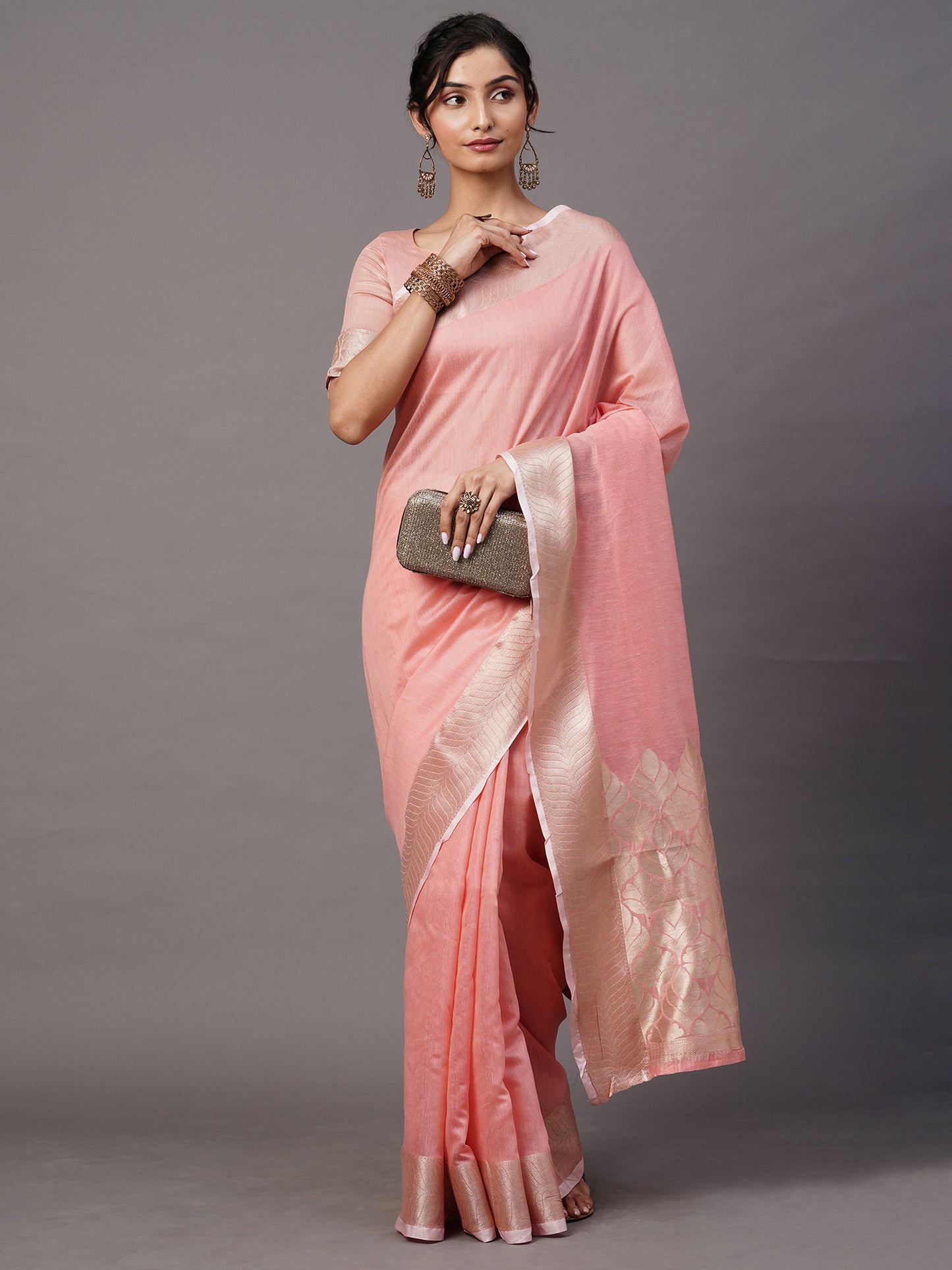 Women's Linen Blend Pink Woven Design Celebrity Saree With Blouse Piece