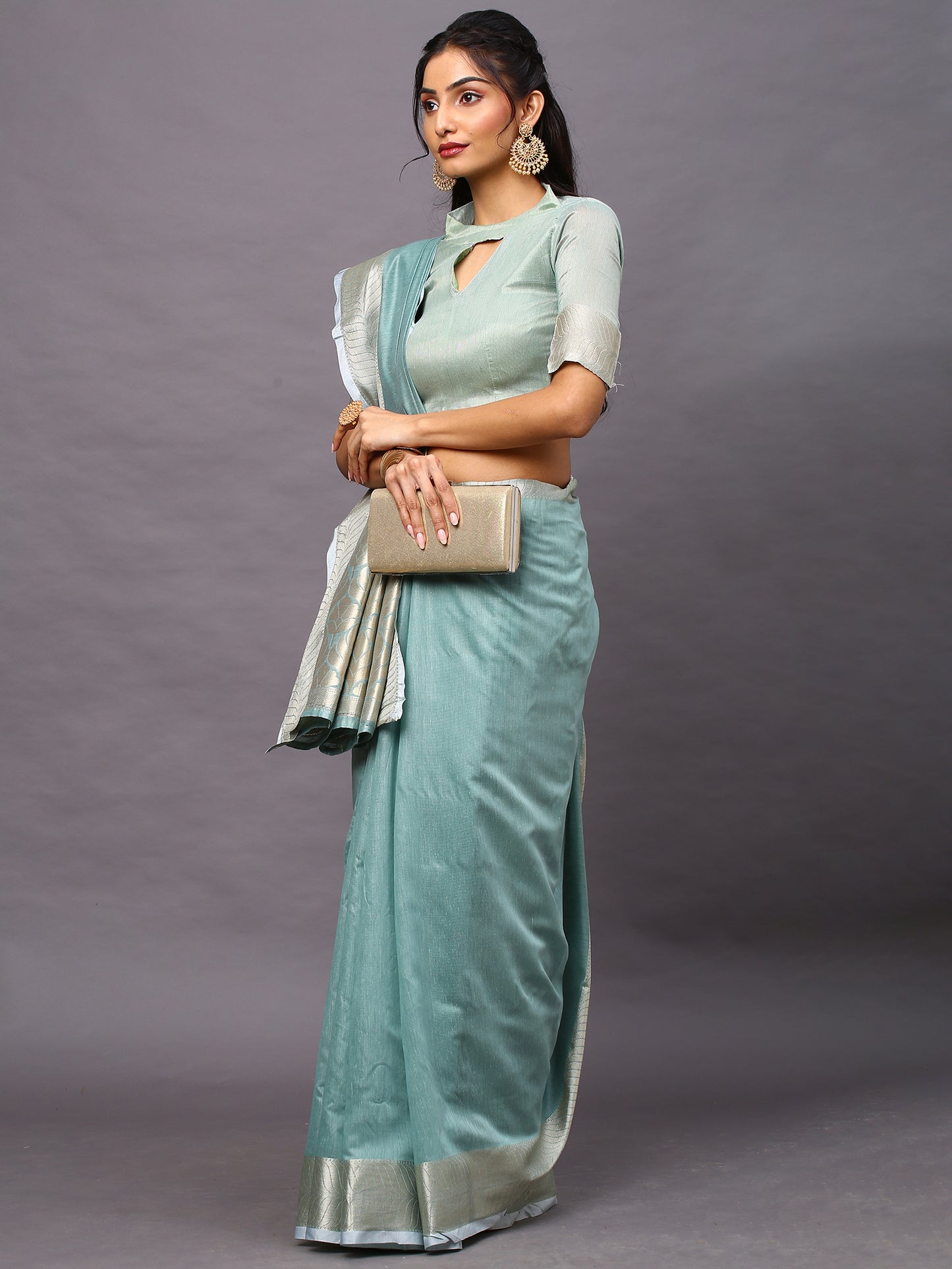 Women's Linen Blend Sea Green Woven Design Designer Saree With Blouse Piece