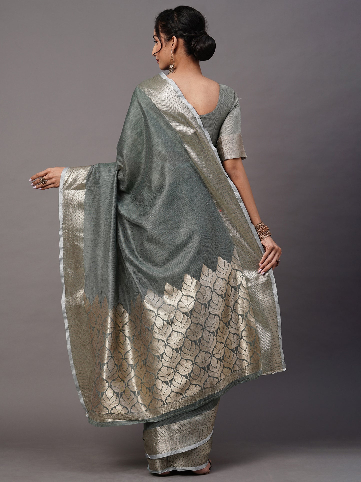 Women's Linen Blend Sea Green Woven Design Celebrity Saree With Blouse Piece