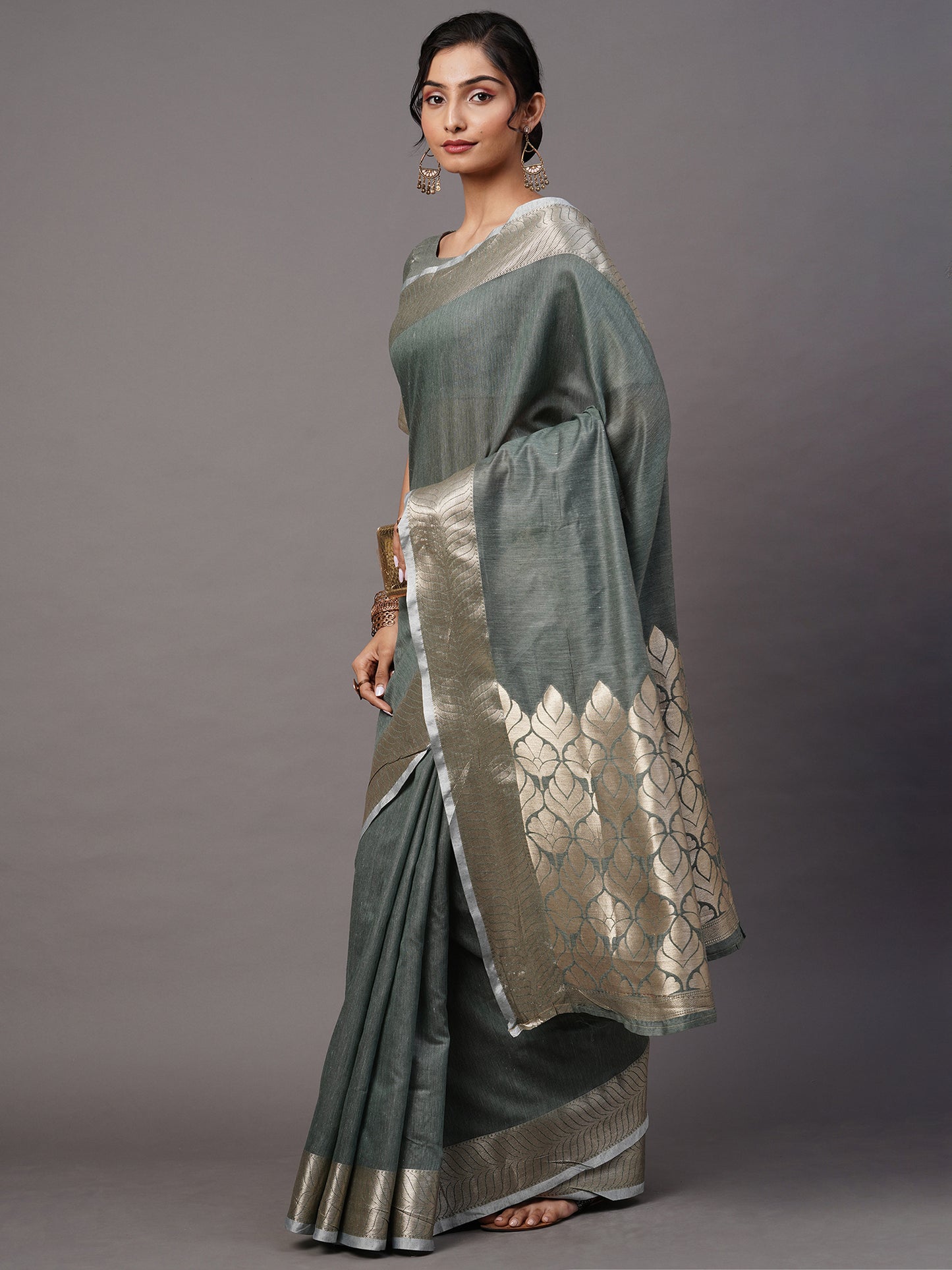 Women's Linen Blend Sea Green Woven Design Celebrity Saree With Blouse Piece