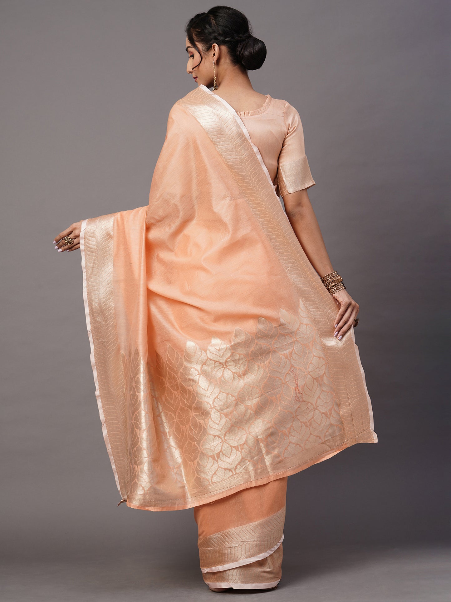 Women's Linen Blend Peach Woven Design Celebrity Saree With Blouse Piece