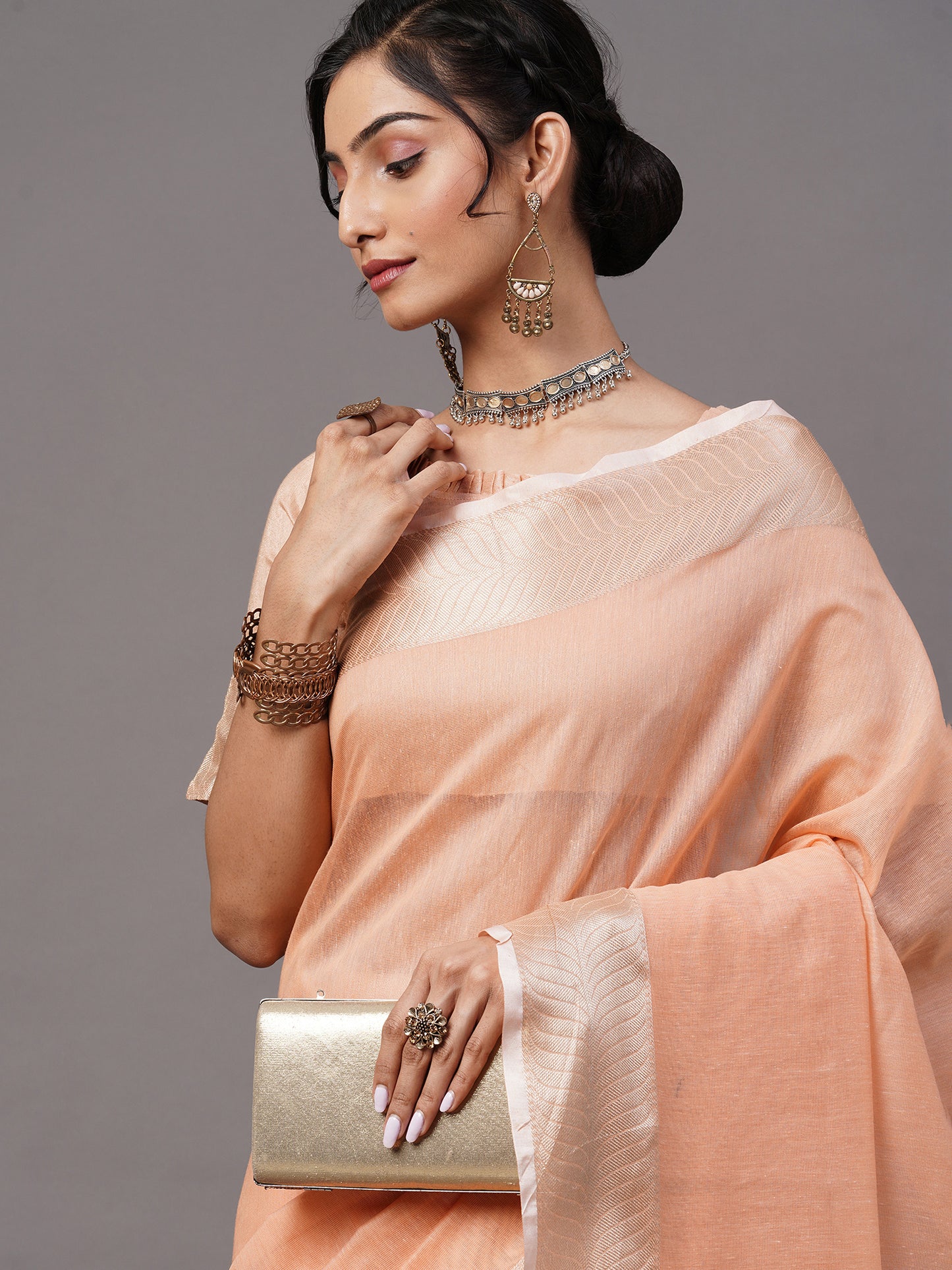 Women's Linen Blend Peach Woven Design Celebrity Saree With Blouse Piece