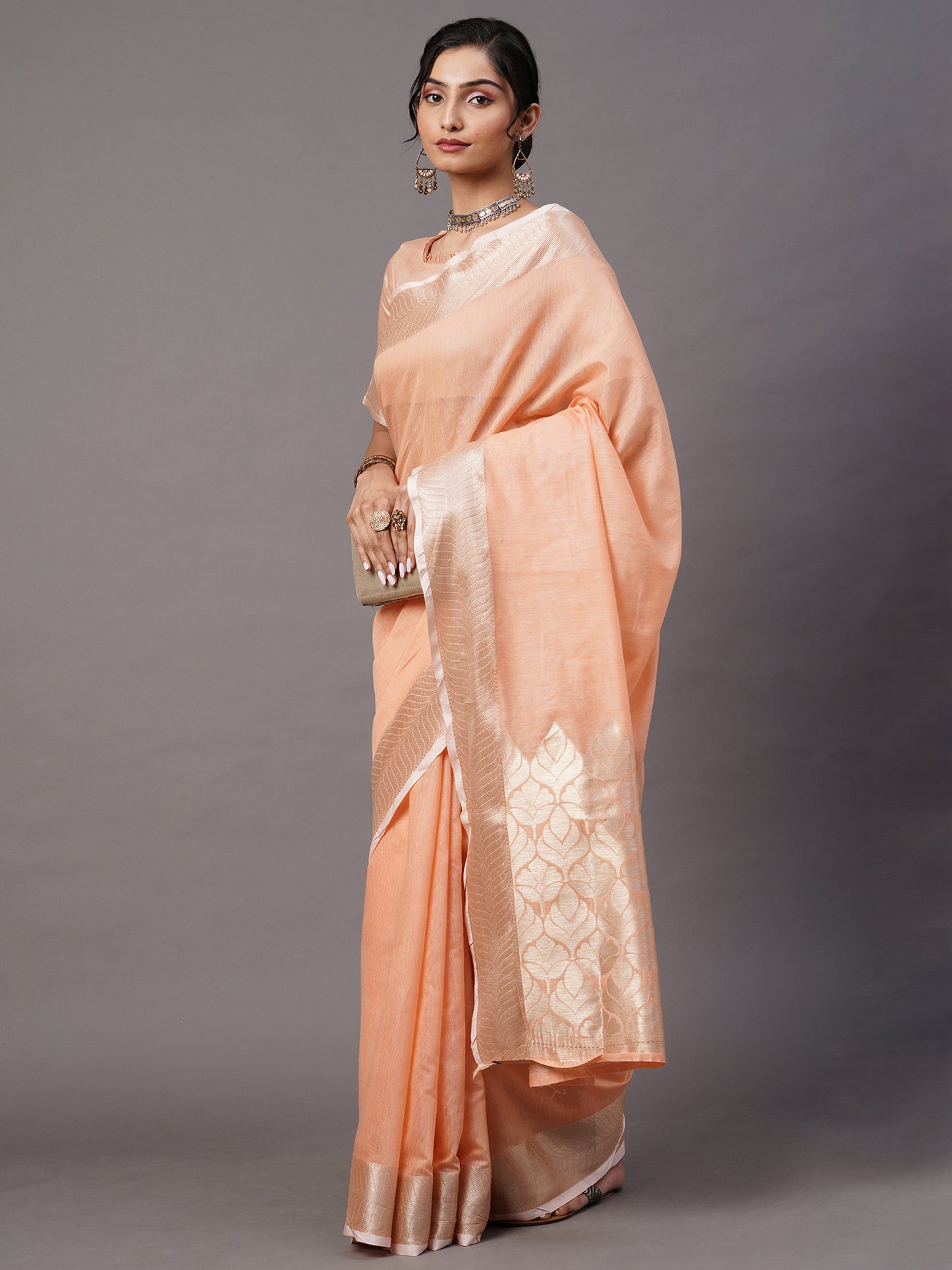 Women's Linen Blend Peach Woven Design Celebrity Saree With Blouse Piece