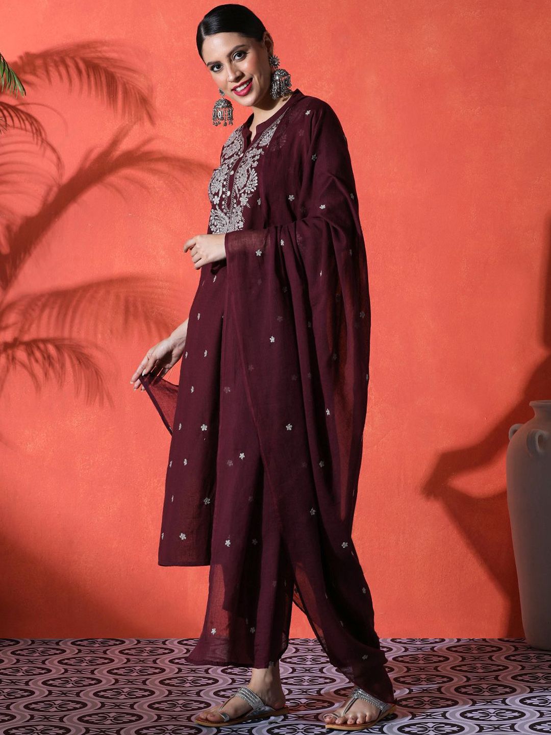 Dhiyona SN Women's Floral Embroidered Notch Neck A-Line Kurta & Trousers With Dupatta