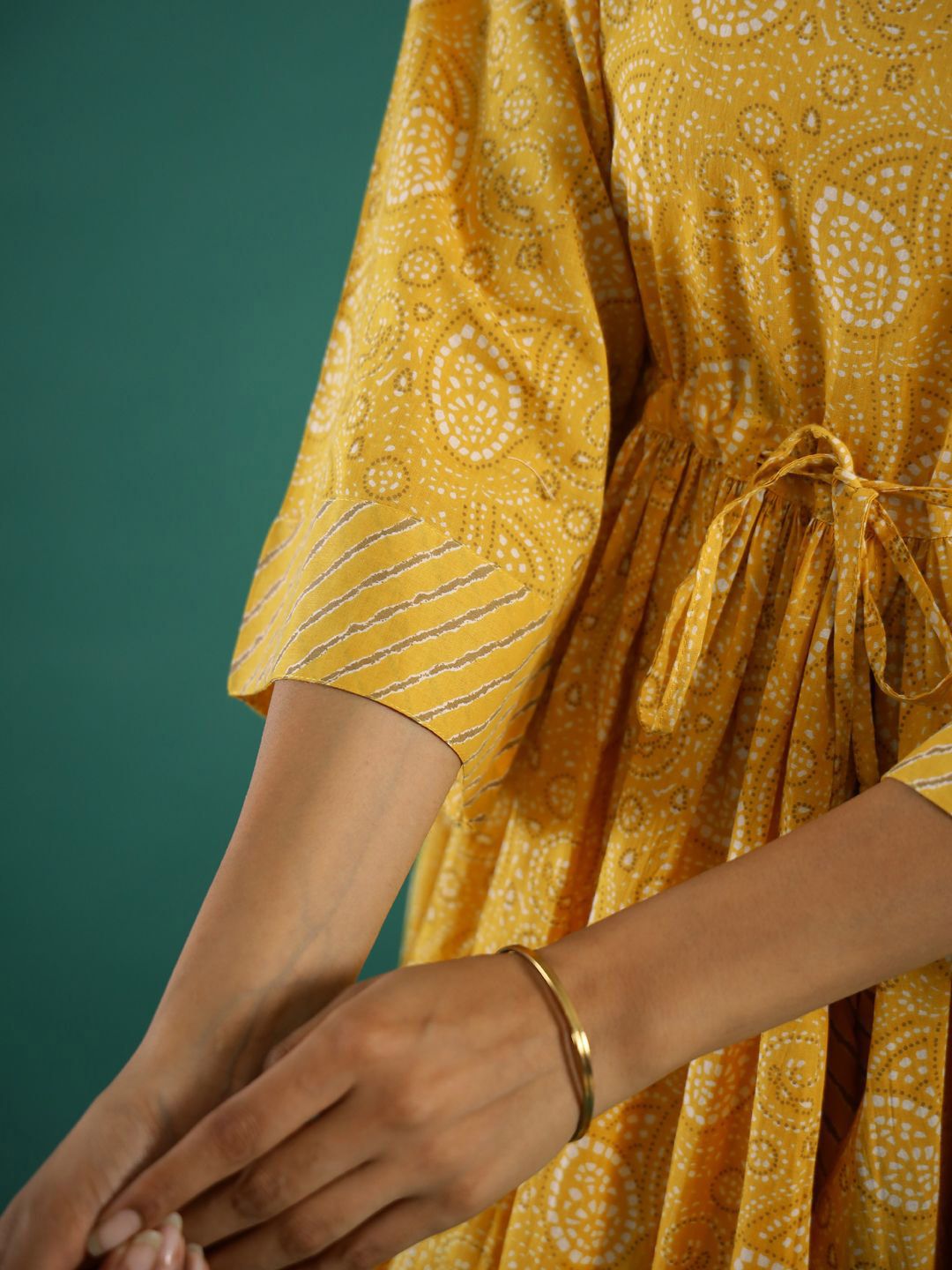 Dhiyona SN Women's Yellow Bandhani Printed Notch Neck Empire Anarkali Pure Cotton Kurta With Palazzos