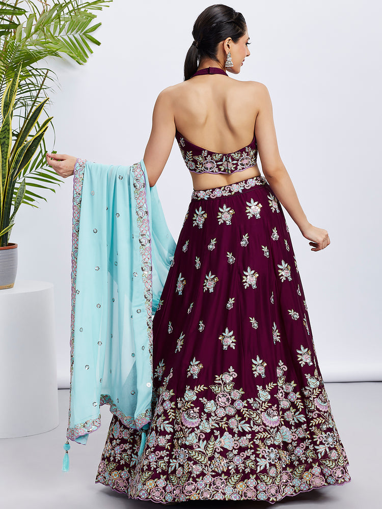 Women Burgundy Pure Georgette Sequins and thread embroidery Lehenga choli & Dupatta