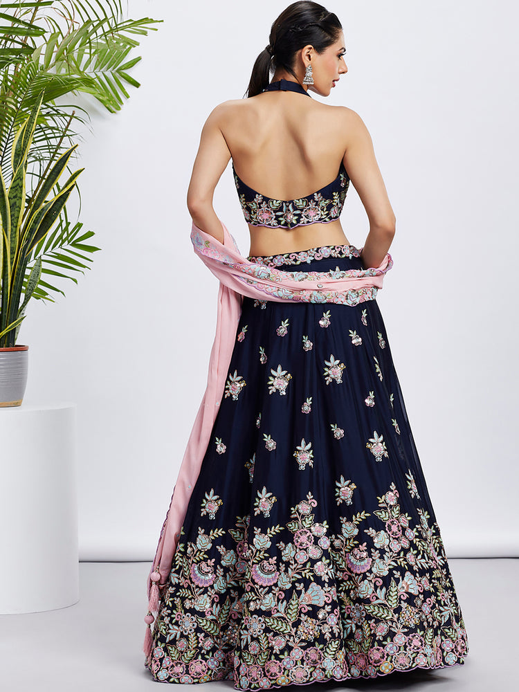 Women Navy blue Pure Georgette Sequins and thread embroidery Lehenga choli & Dupatta