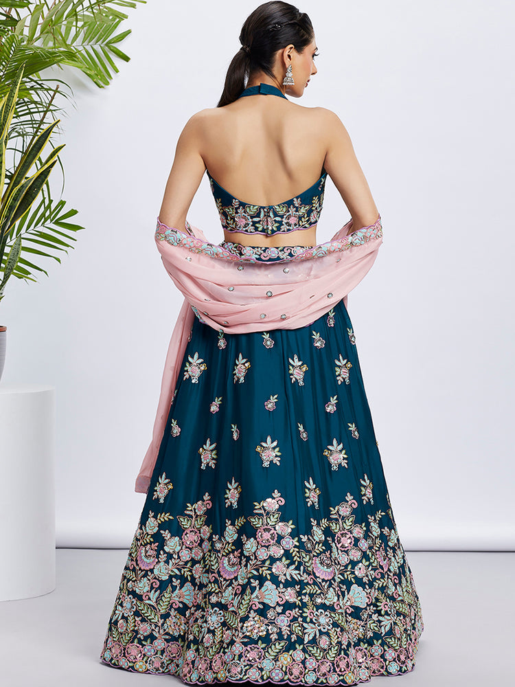 Women Teal Pure Georgette Sequins and thread embroidery Lehenga choli & Dupatta