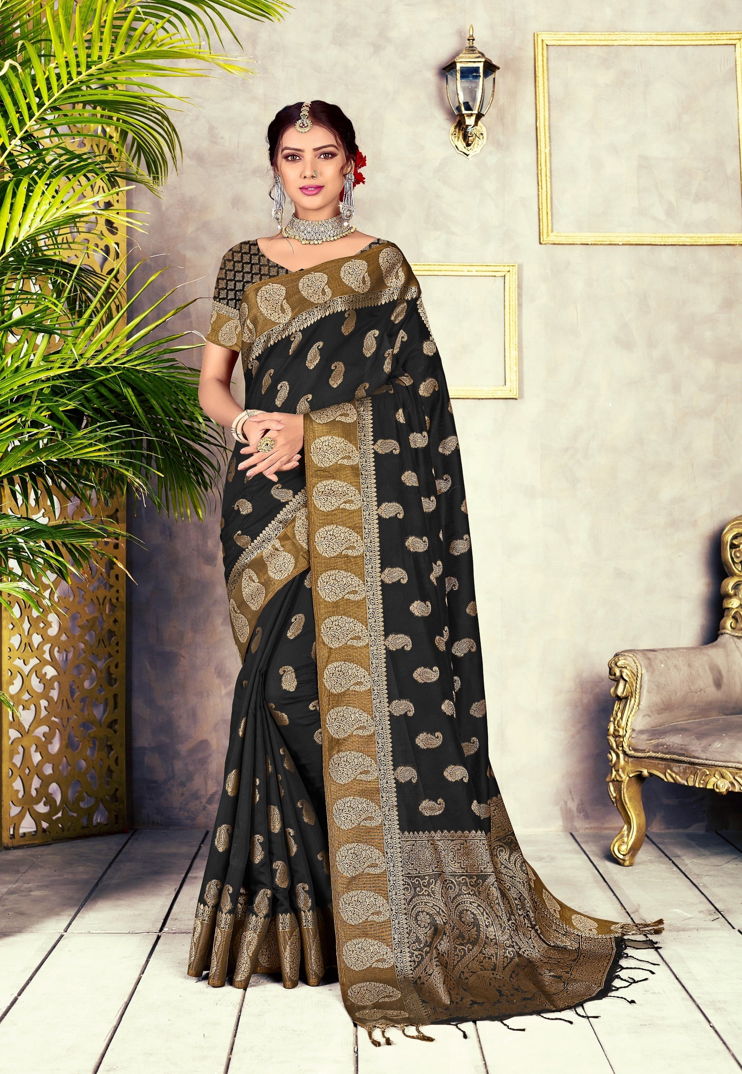 Dhiyona GR Women's GJ Black Diamond Jade Black Zari Woven Design Cotton Blend Saree