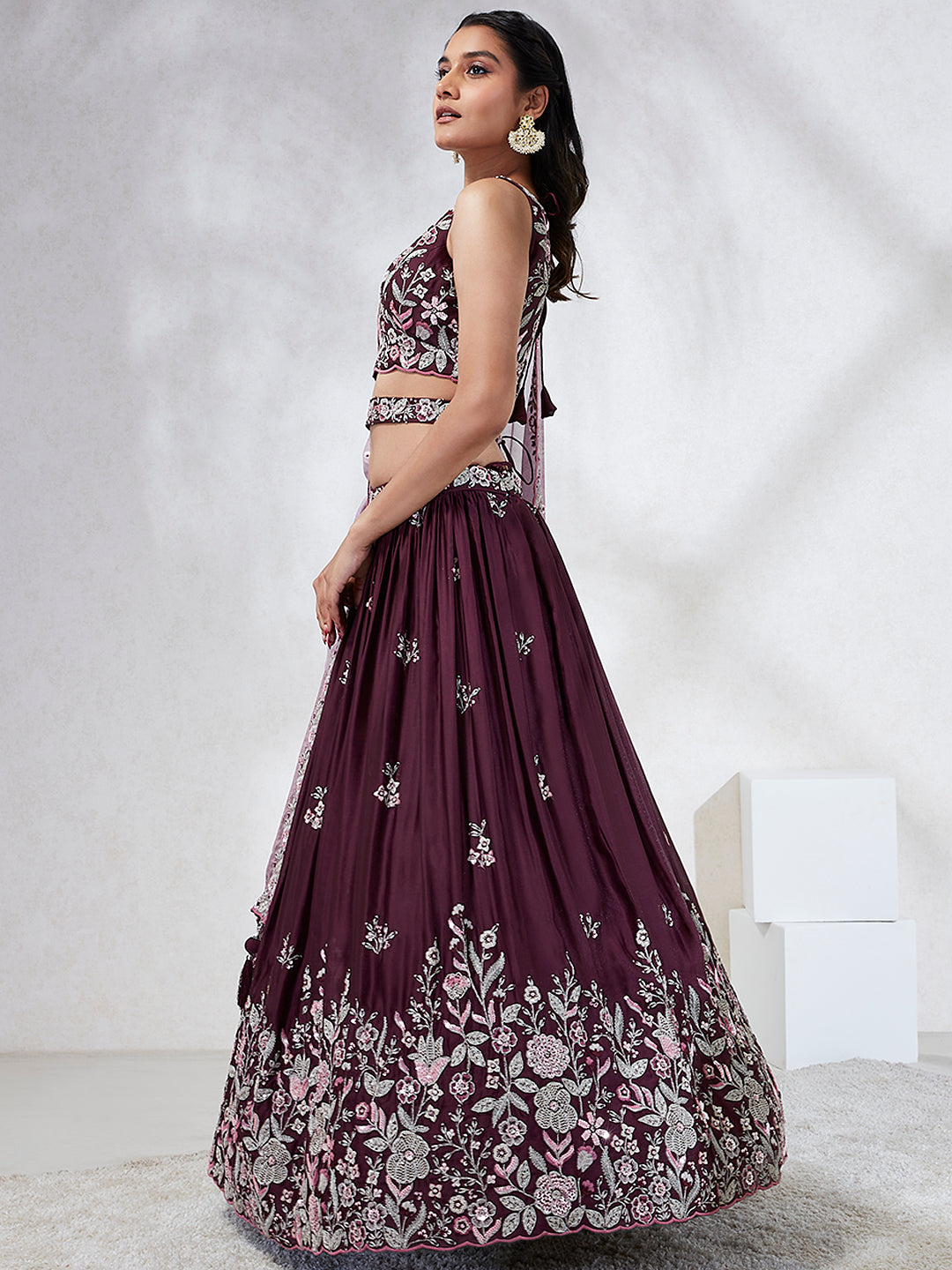 Women Burgundy Pure Georgette Sequins and thread embroidery Lehenga choli & Dupatta