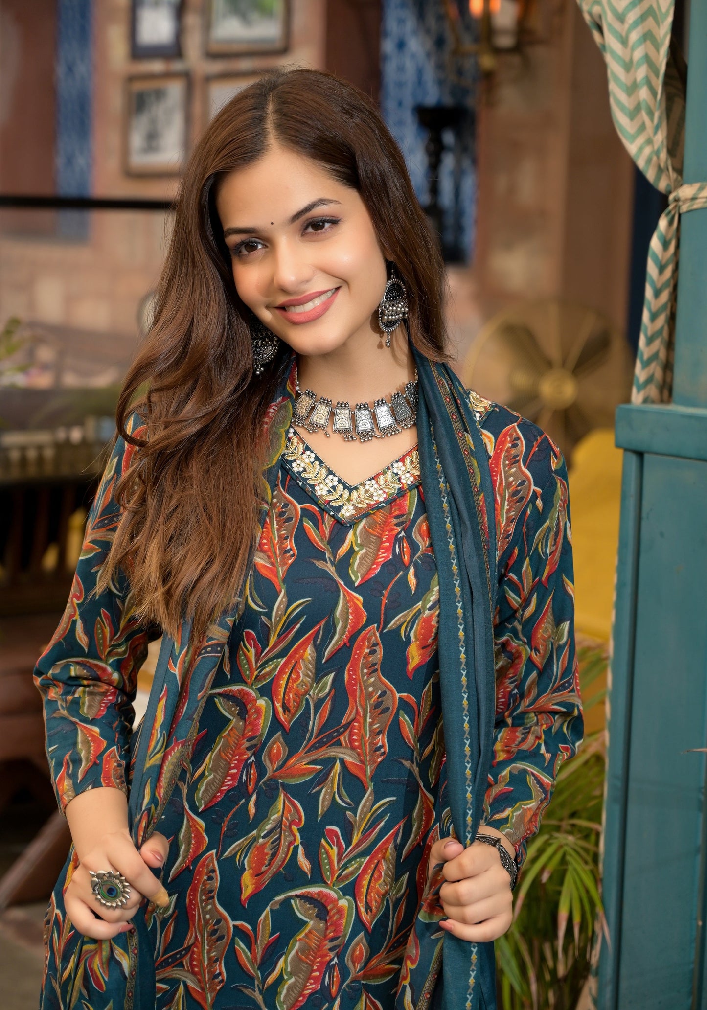 Women Blue Embroidery Viscose Rayon Kurta, Pant And Dupatta Set