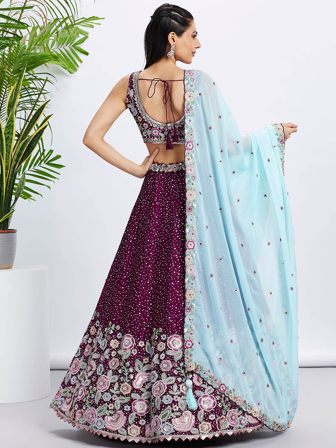 Women Burgundy Pure Chiffon Sequins and thread embroidery Lehenga choli & Dupatta