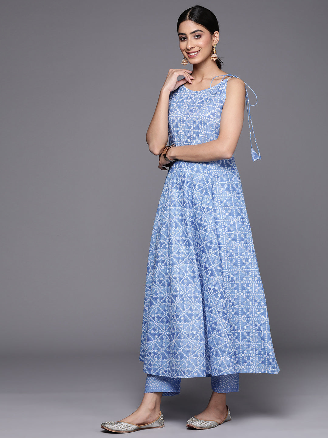 Dhiyona VR Women's Blue Bandhani Printed Kurta Spaghetti Strap With Drawstring Paired With Tonal Printed Bottom