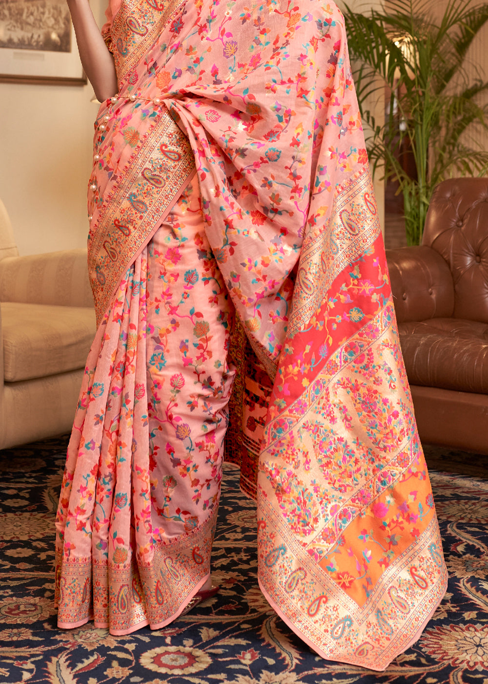 Dhiyona GR Women's Kalista Peachy Pink Woven Jamewar Kashmiri Banarasi Saree
